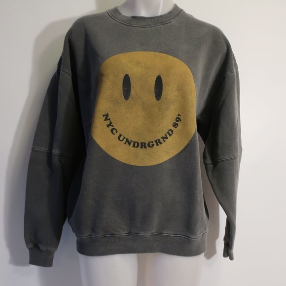 Womens Newtone Gray Yellow Crew Smiley Face NYC Sweatshirt  2 US/L-XL * - Picture 2 of 8